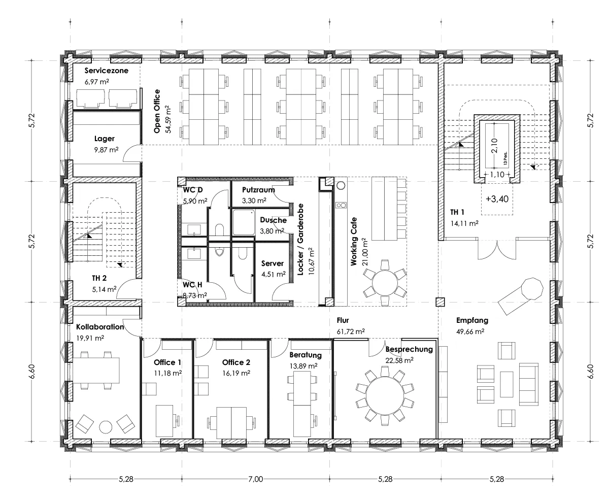 Grundriss Beispiel 2: Aufteilung mit Büros, Besprechung und Empfang