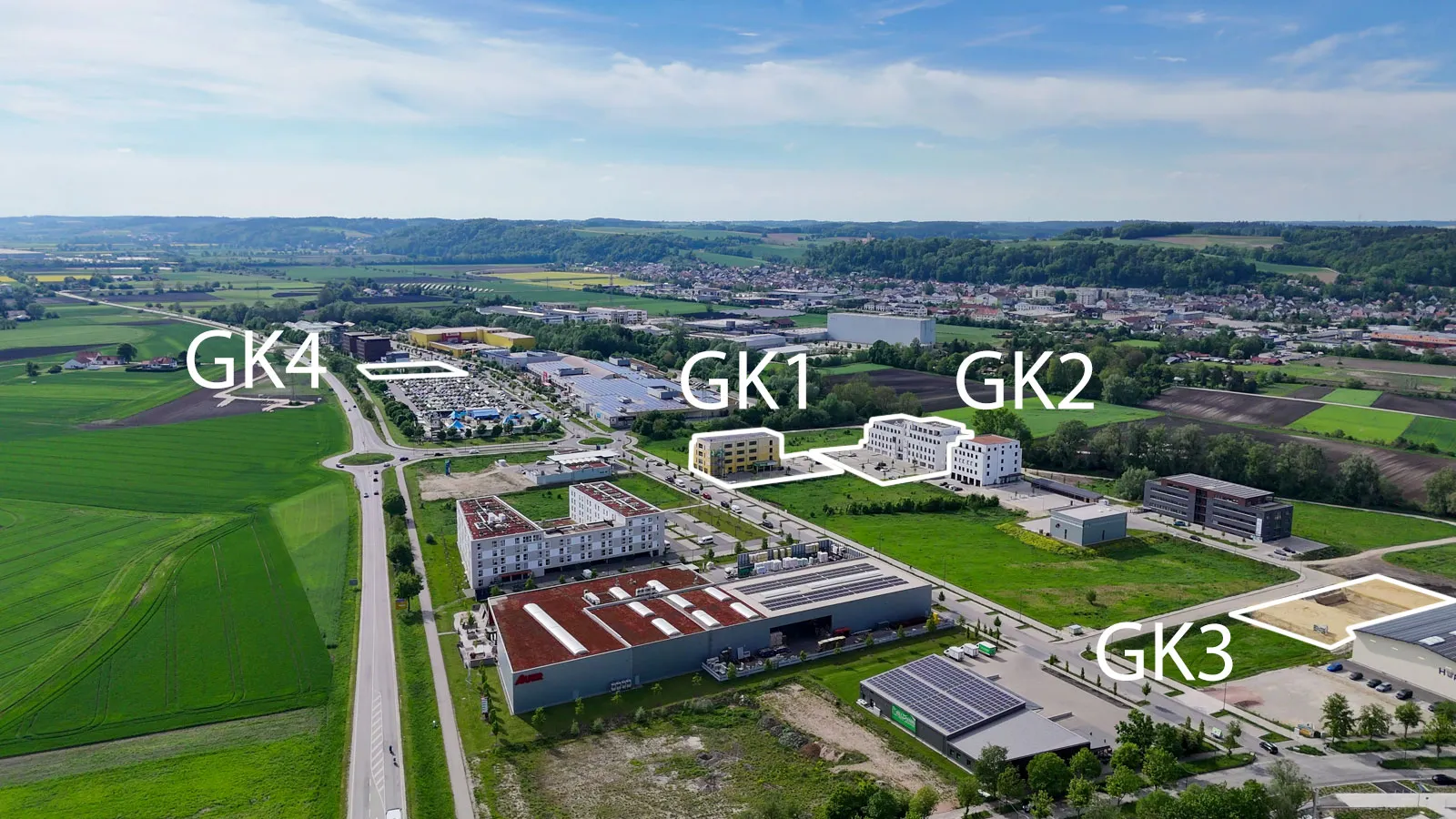 Übersicht Landshut West mit den Gewerbekomplexen GK1 bis GK4